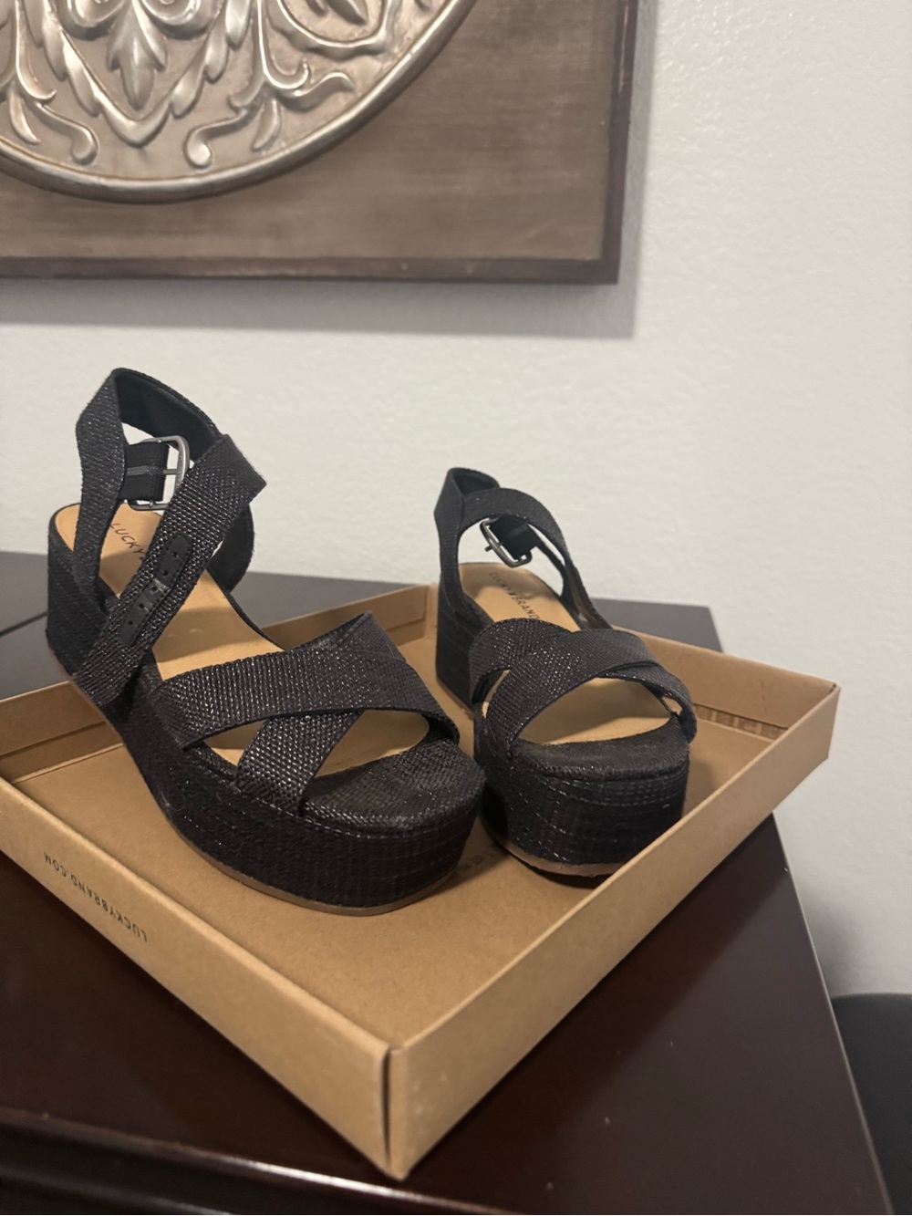 Lucky Brand Black Crisscross Platform Wedge Sandals
